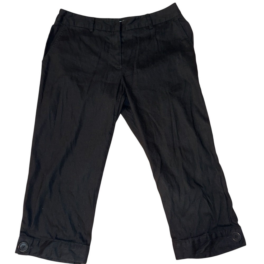 Trina Turk Linen Blend Black Cropped  Cuffed Pants. Button Embellishment. Sz 4.